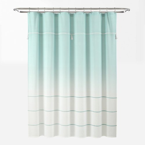 Lush Decor Ombre Embroidery Tassel Cotton Shower Curtain Single 72" W x 72" L Aqua - Blue Shower Curtains for Bathroom - Ombre Bathroom Curtain