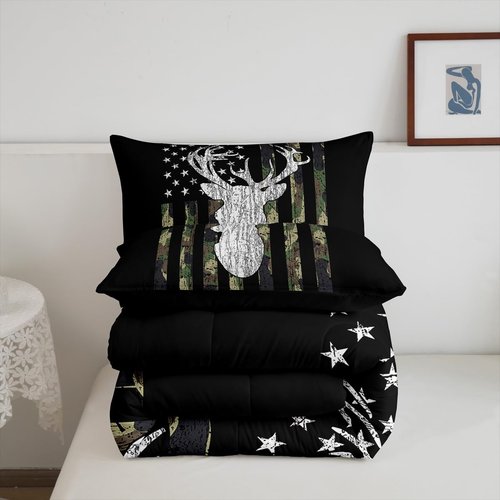 Deer Camo Comforter Set Queen Antlers Hunting Camo Bedding Sets For Teen Boys Men Camouflage American Flag Bed Comforter Set ,Western Farmhouse Wild Animal Bedding Quilt Black White Home Decor 3 Pcs