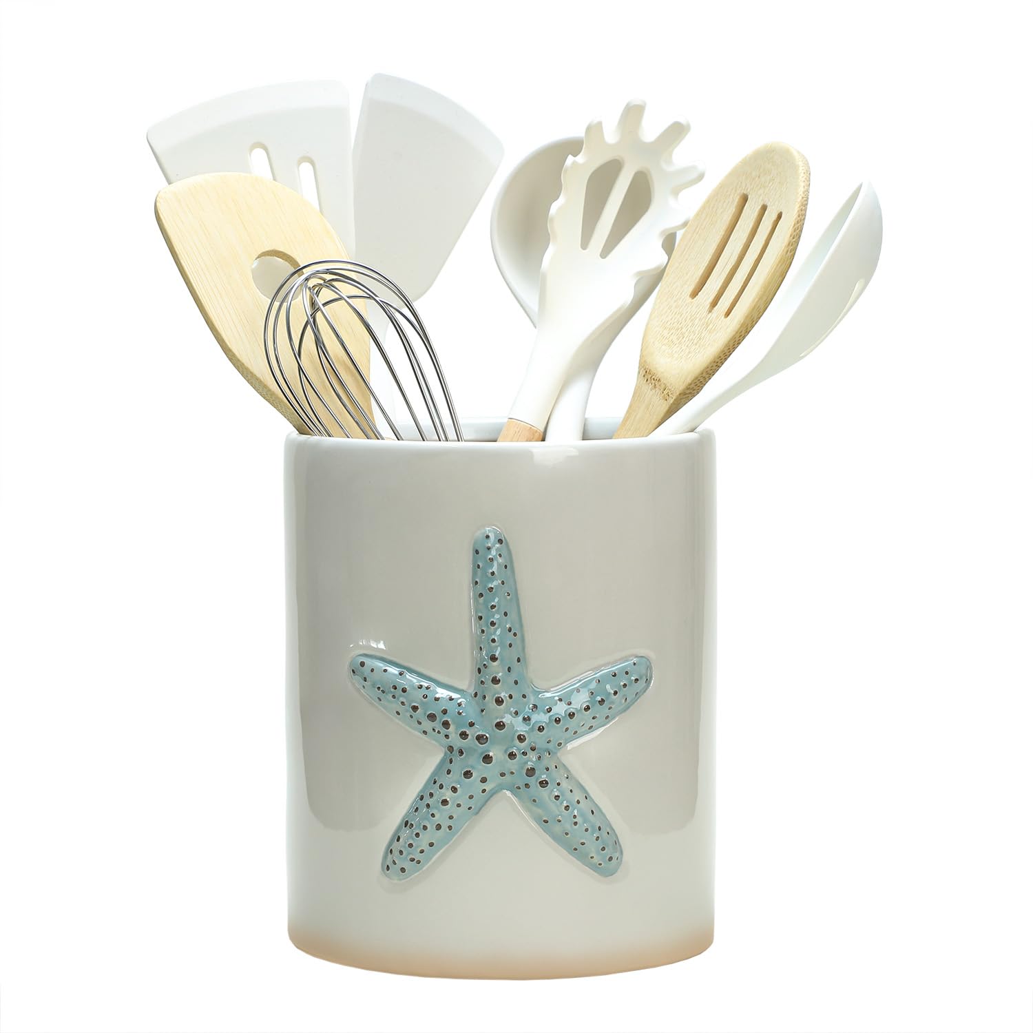 Bicuzat Ceramic Starfish Embossed Utensil Holder, Large Cooking Utensil Crocks for Countertop, Ocean Style Utensil Organizer for Spatula