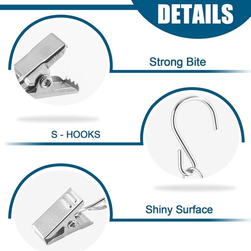 Litoexpe S Hooks | 50 PCS Metal Curtain Clips for Hanging Lights & Tents - Silver Finish