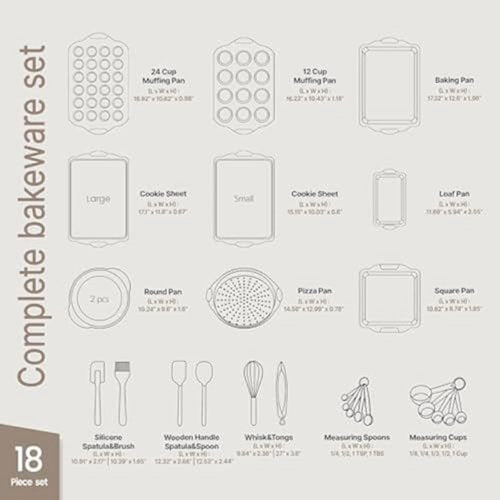 BAKKENMASTER 18-Piece Nonstick Bakeware Set - Professional Carbon Steel Pans with White Silicone Handles