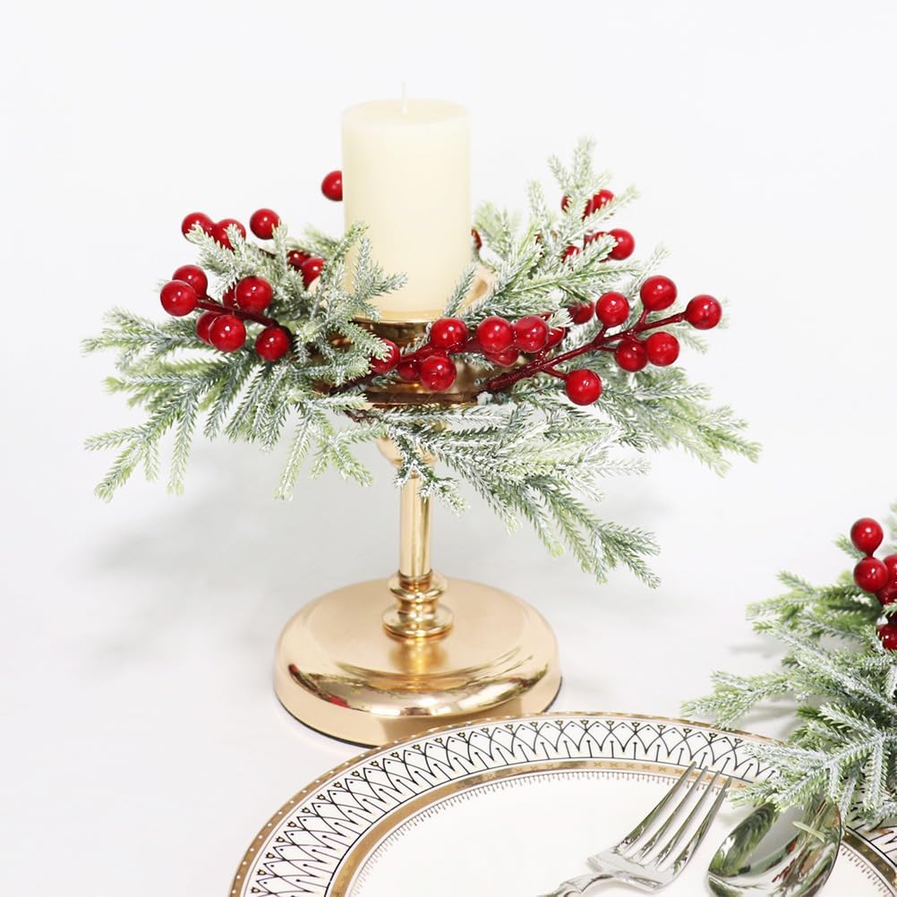 Skiennix 2-Piece Christmas Wreath Candle Rings - Artificial Cedar & Cypress with Red Berries | Holiday Table Decor