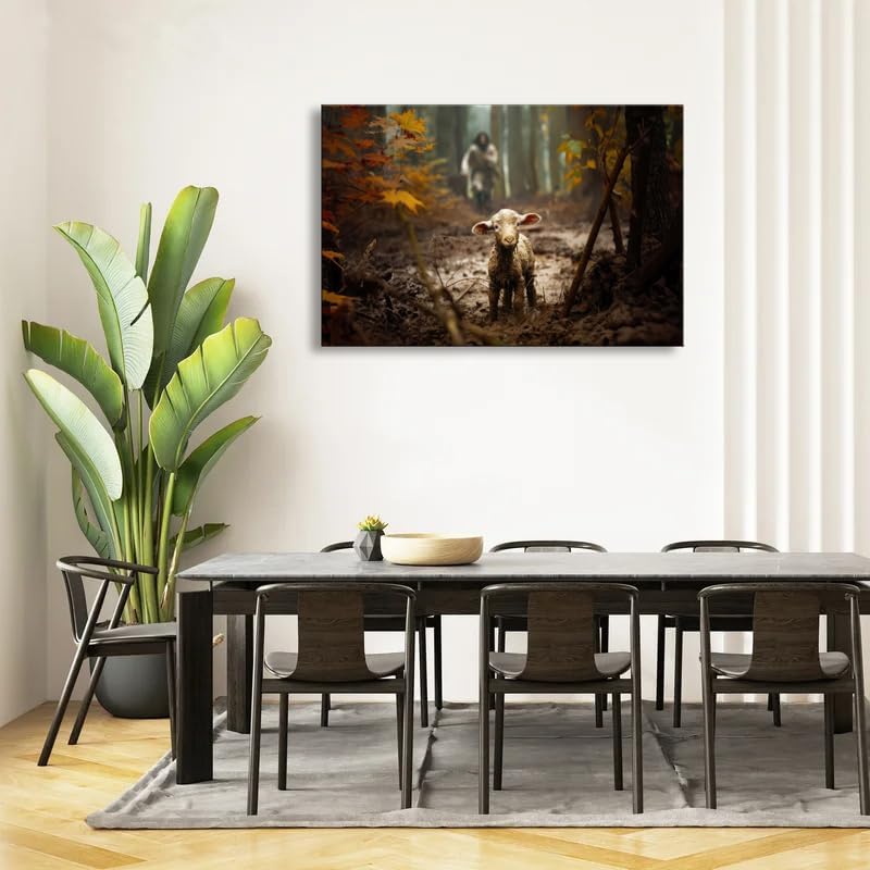 Ploceiny Large Jesus Running After Lost Lamb Canvas Wall Art - Perfect Baptism Gift | 36" x 24" Home Decor