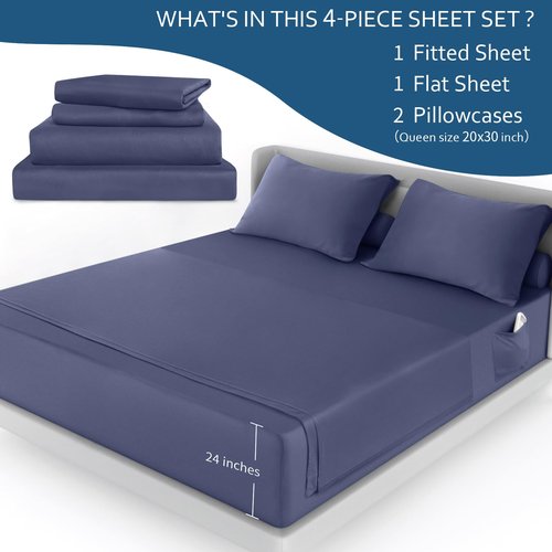 Moonsea Air Mattress Queen Sheet Set - Deep Pocket 4 Piece Queen Size Sheet Set - Breathable & Fade Resistant Easy Fits 16in to 24in Pillow Top Bed Mattress - Navy Blue