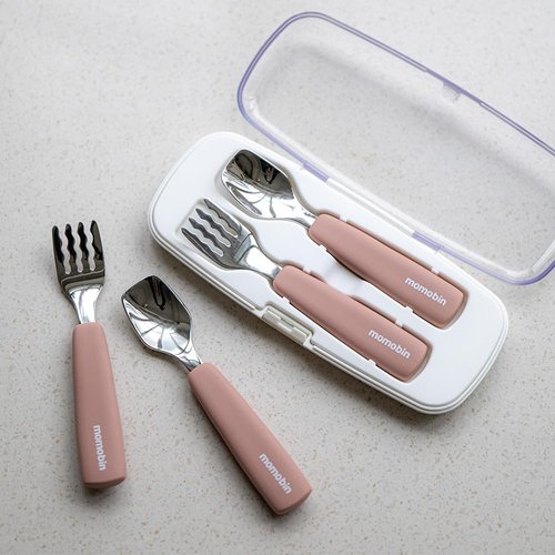 AGUARD MOMOBIN Toddler Utensils - Stainless Steel Fork & Spoon Set, Made in Korea, 100% Silicone Easy-Grip Handles with Storage Case, Dishwasher Safe for Kids, Baby, School Lunch, Travel & Outdoors