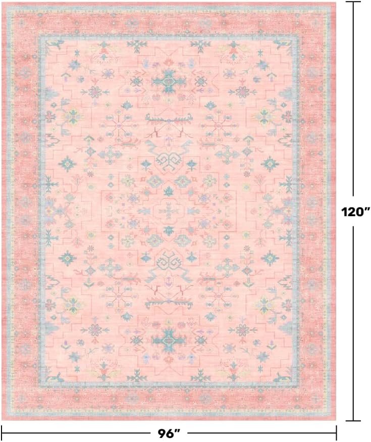 Oushak Rugs | Washable Pink & Blue 8x10 Area Rug - Soft Faux Wool, Modern Floral Design, Non-Slip