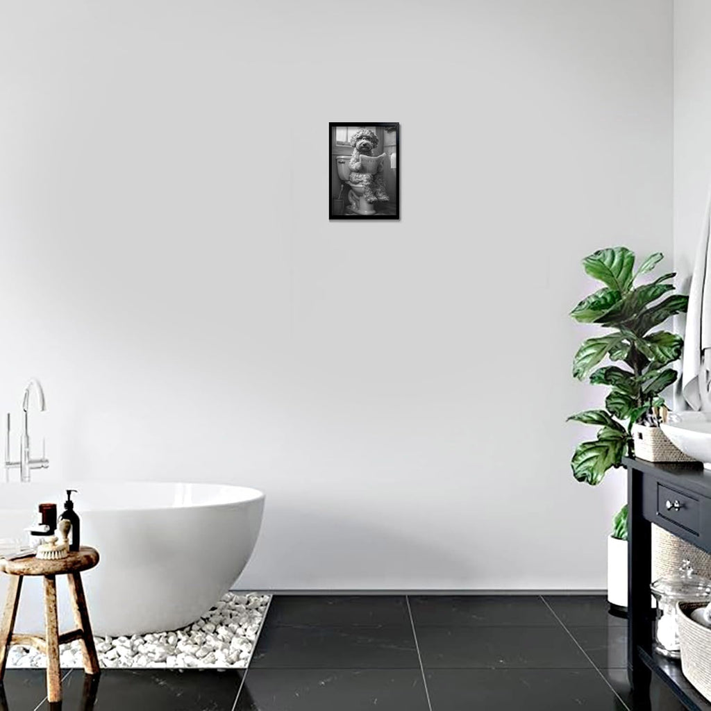 OIQArt Funny Bathroom Wall Art - Black & White Teddy Dog Canvas Print | Modern Minimalist Decor
