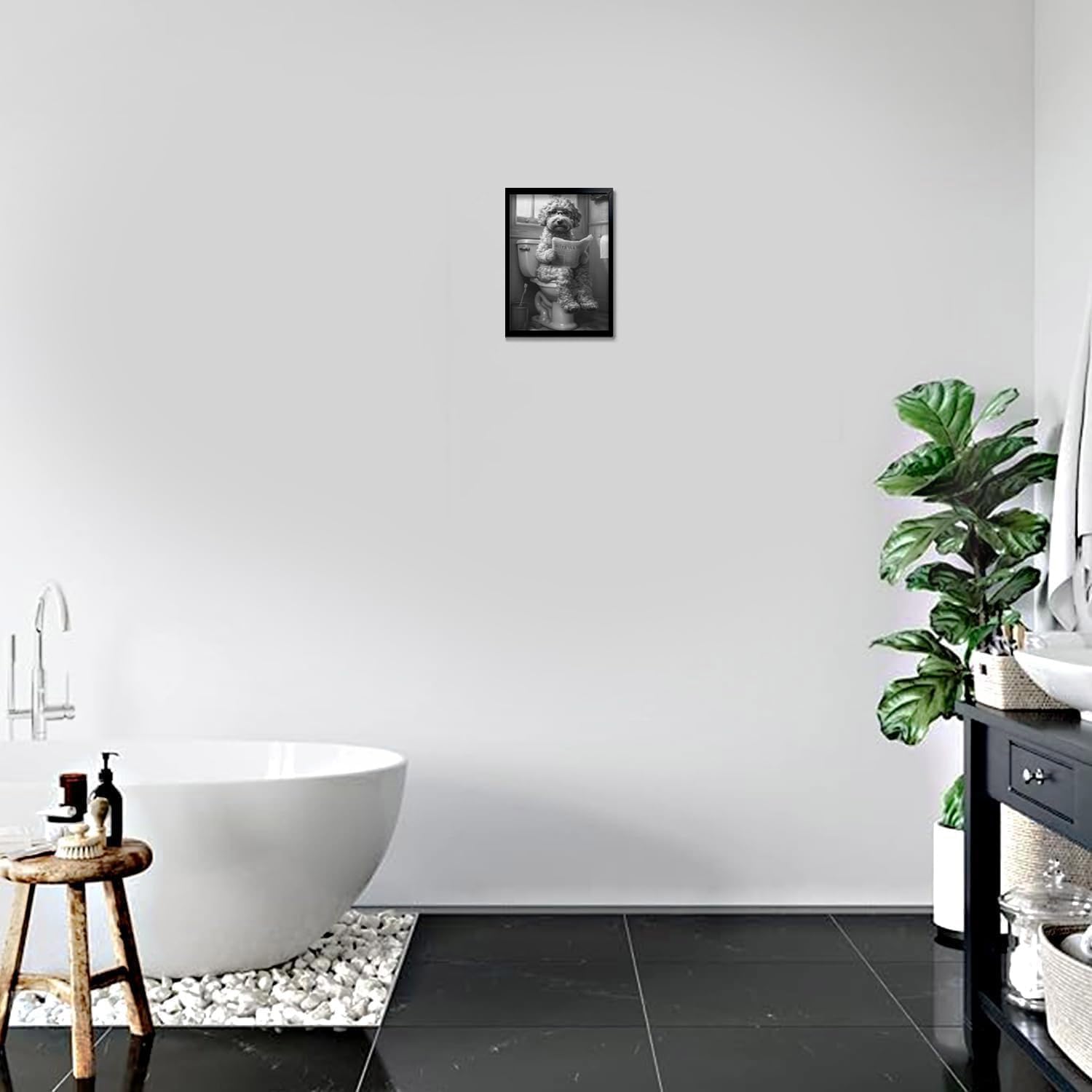 OIQArt Funny Bathroom Wall Art - Black & White Teddy Dog Canvas Print | Modern Minimalist Decor