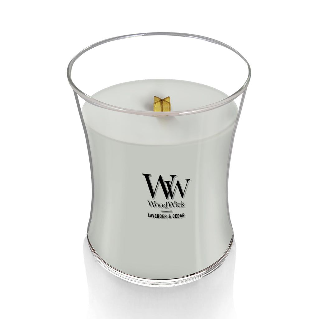 WoodWick Lavender & Cedar Holiday Candle Gifts for Women and Men, 9.7 oz Medium Hourglass Candle with Crackling Wick