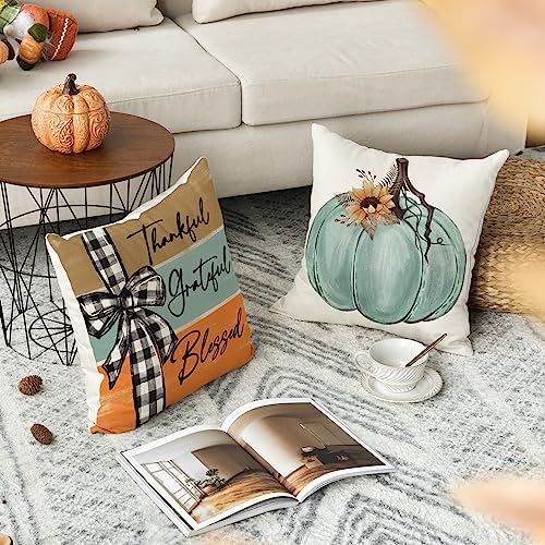 Blue Fall Pumpkin Throw Pillow Covers Set of 4 18x18 Inches Home Decor