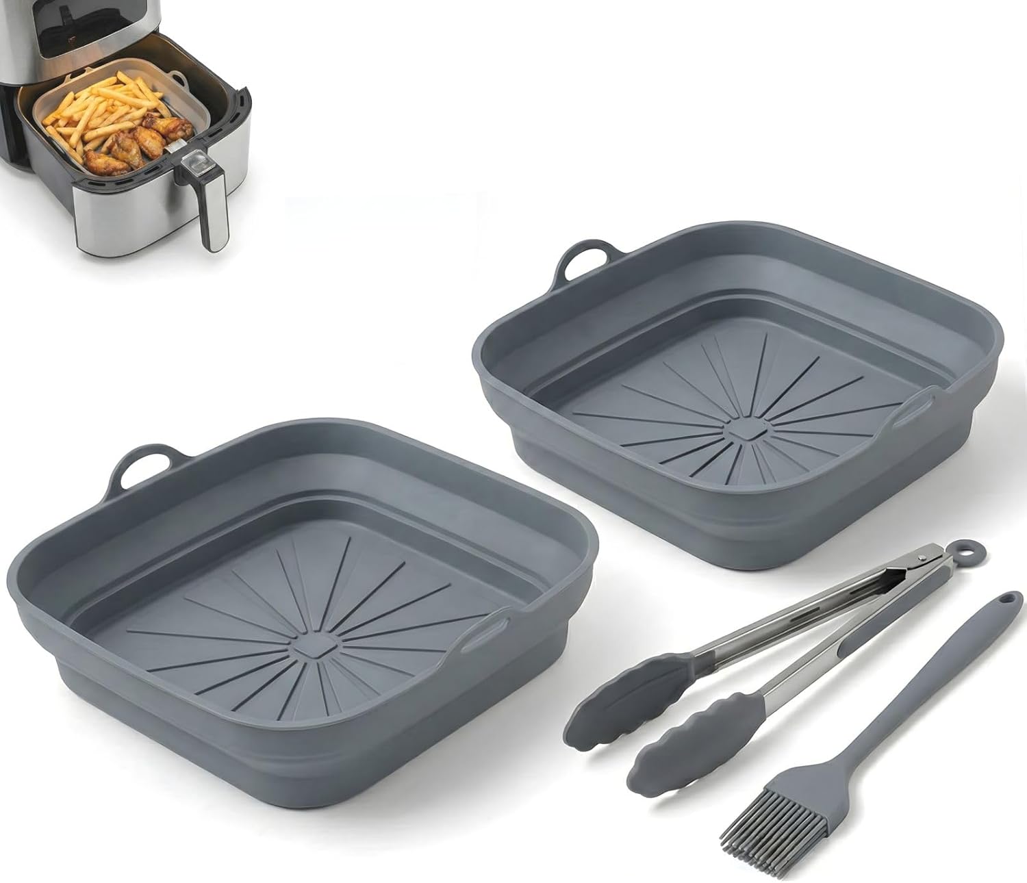 SAMIA 8 Inch Silicone Air Fryer Liners Set - 4 Piece Non-Stick, Dishwasher Safe Accessories with Basting Brush & Food Tong