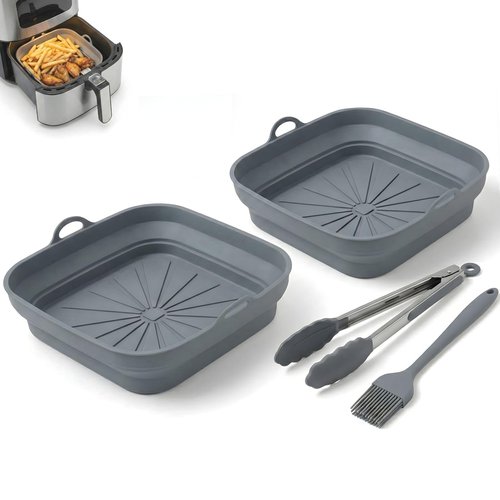 SAMIA 4 Piece Reusable Air Fryer Liners Set | 8 Inch Silicone Air Fryer Liners with Collapsible Design, Basting Brush, and Food Tong – Non-Stick, Dishwasher Safe, Air Fryer Accessories for Cooking