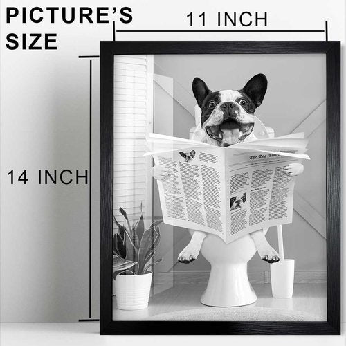 Biufo Framed Dog Reading Newspaper Canvas Wall Art - Charming Bathroom Decor (11"x14")