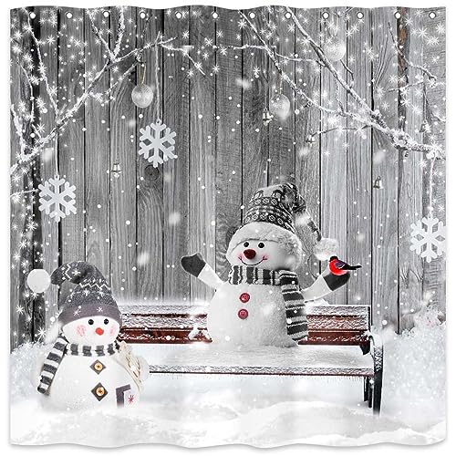 Grey Snowman Christmas Shower Curtain 72x72 Inches - Holiday Bathroom Decor