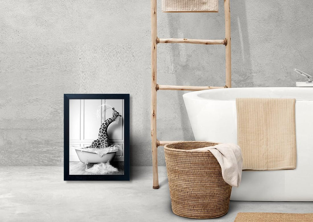 Skiennix Giraffe in Bathtub Canvas Print - Funny Black and White Bathroom Wall Art | Framed Farmhouse Decor