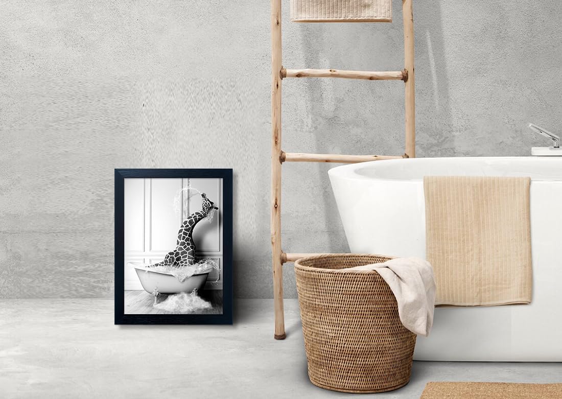 Skiennix Giraffe in Bathtub Canvas Print - Funny Black and White Bathroom Wall Art | Framed Farmhouse Decor