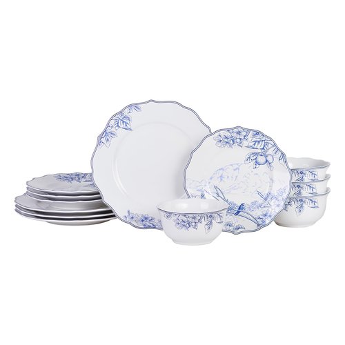 222 Fifth 12-Piece Porcelain Dinnerware Set for 4, Elegant Floral Plates and Bowls Sets- White/Blue Ceramic Dishes, Chip Resistant Kitchen & Dining Dish Set, Microwave & Dishwasher Safe, Hudson Valley