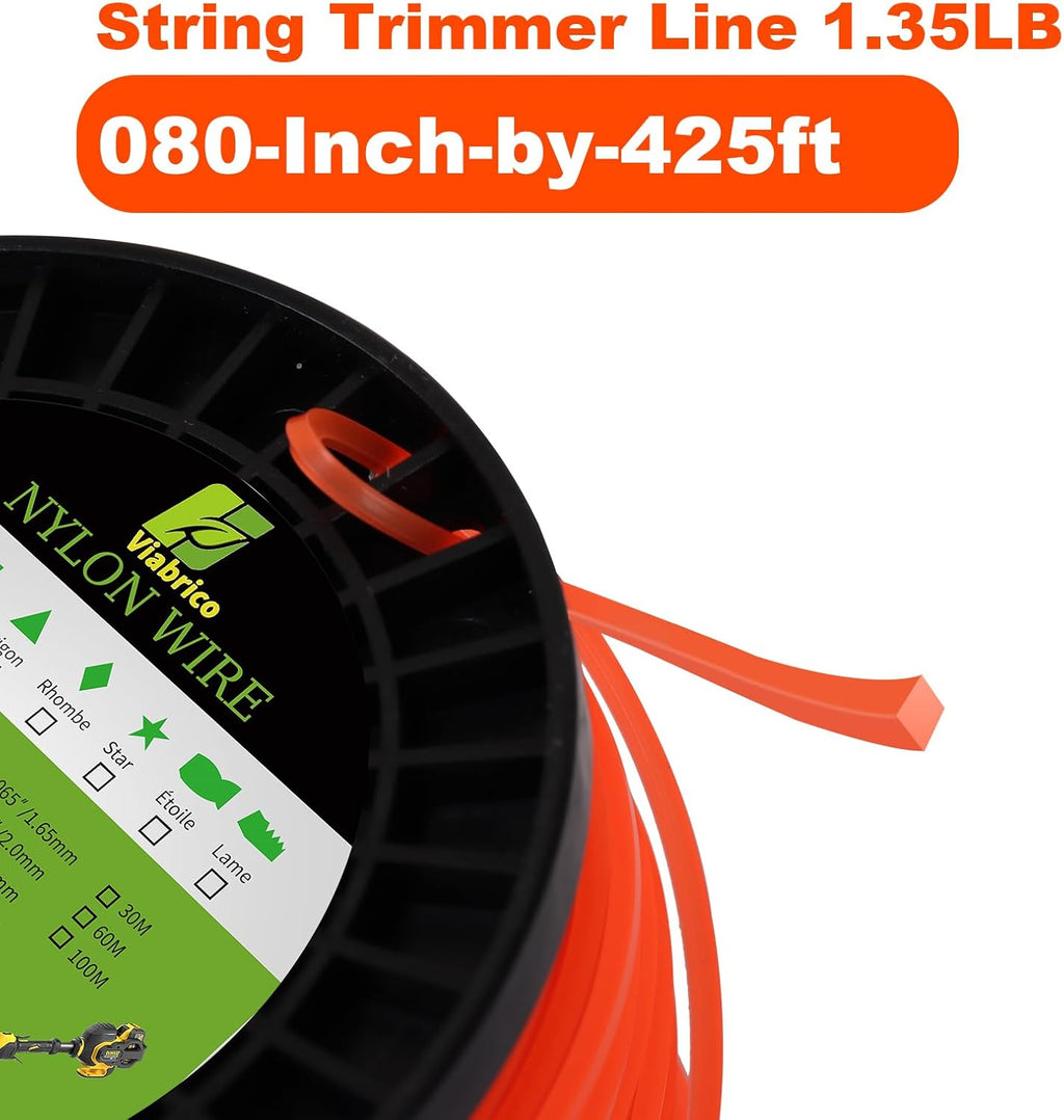 VIABRICO 0.080 Inch Trimmer Line - Commercial Grade Square Nylon Replacement | 425ft Spool