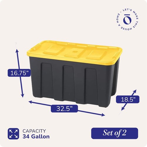 HOMZ 34 Gallon Heavy Duty Plastic Storage Bins - 2-Pack Stackable Totes with Lids, Black/Yellow