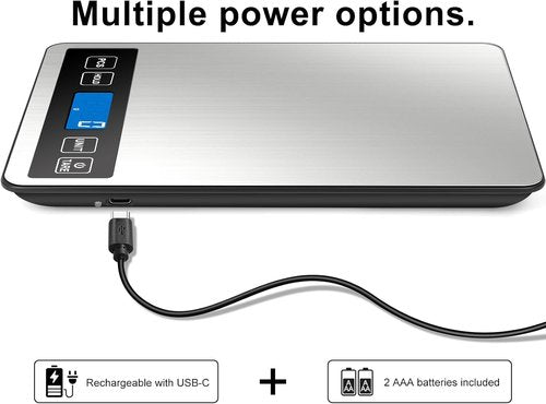 Fuzion Digital Kitchen Scale - 22lb Capacity, Rechargeable, Tempered Glass & Stainless Steel Finish