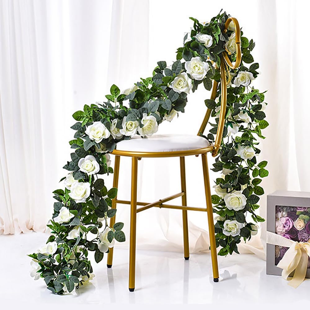 YRIOWMI 10PCS Fake Rose Garland, 7.5Ft Artificial Vines Flowers Hanging Rose Vine for Table Wedding Backdrop Arch Wall Party Mantle Festival Decor (Snowy White)
