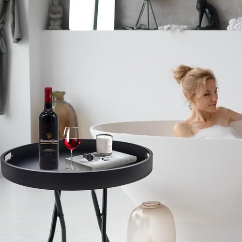 Large Round Black Tray, 20" Extra Large Black Ottoman Tray, Wood Serving Trays, Decorative Trays with Handles for Home Kitchen