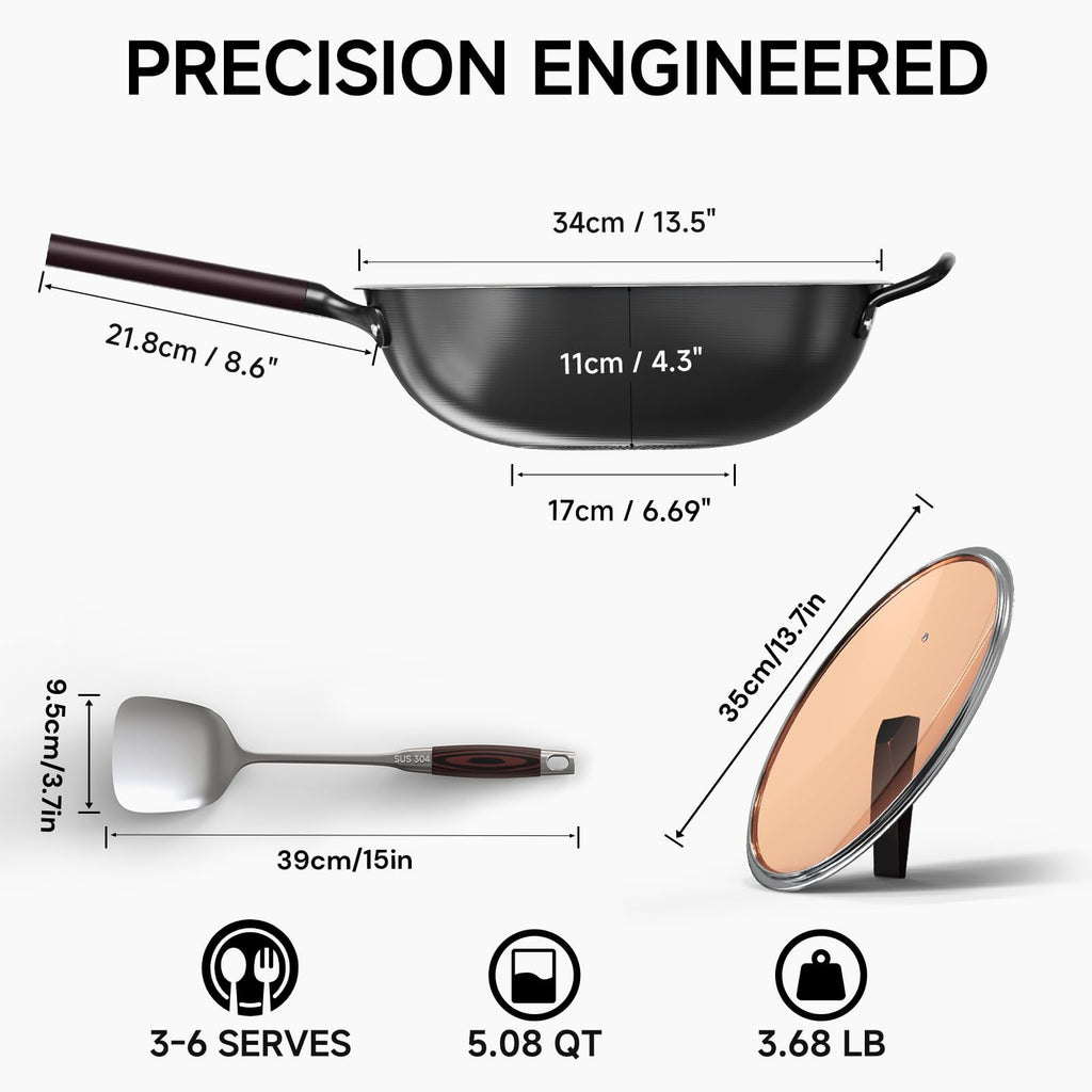 SUMEIGUAN 13.5" Carbon Steel Wok Pan - Pre-Seasoned Flat Bottom Woks & Stir-fry Pans Chinese Cookware with Lid & Spatula - For Pan-fry,Stir Fry, Steam, BBQ & Camping - Compatible with Induction, Gas
