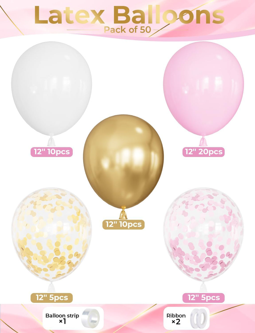 Skiennix Pink and Gold Balloons Set - 12 Inch Light Pink & White Metallic Gold Confetti for Parties
