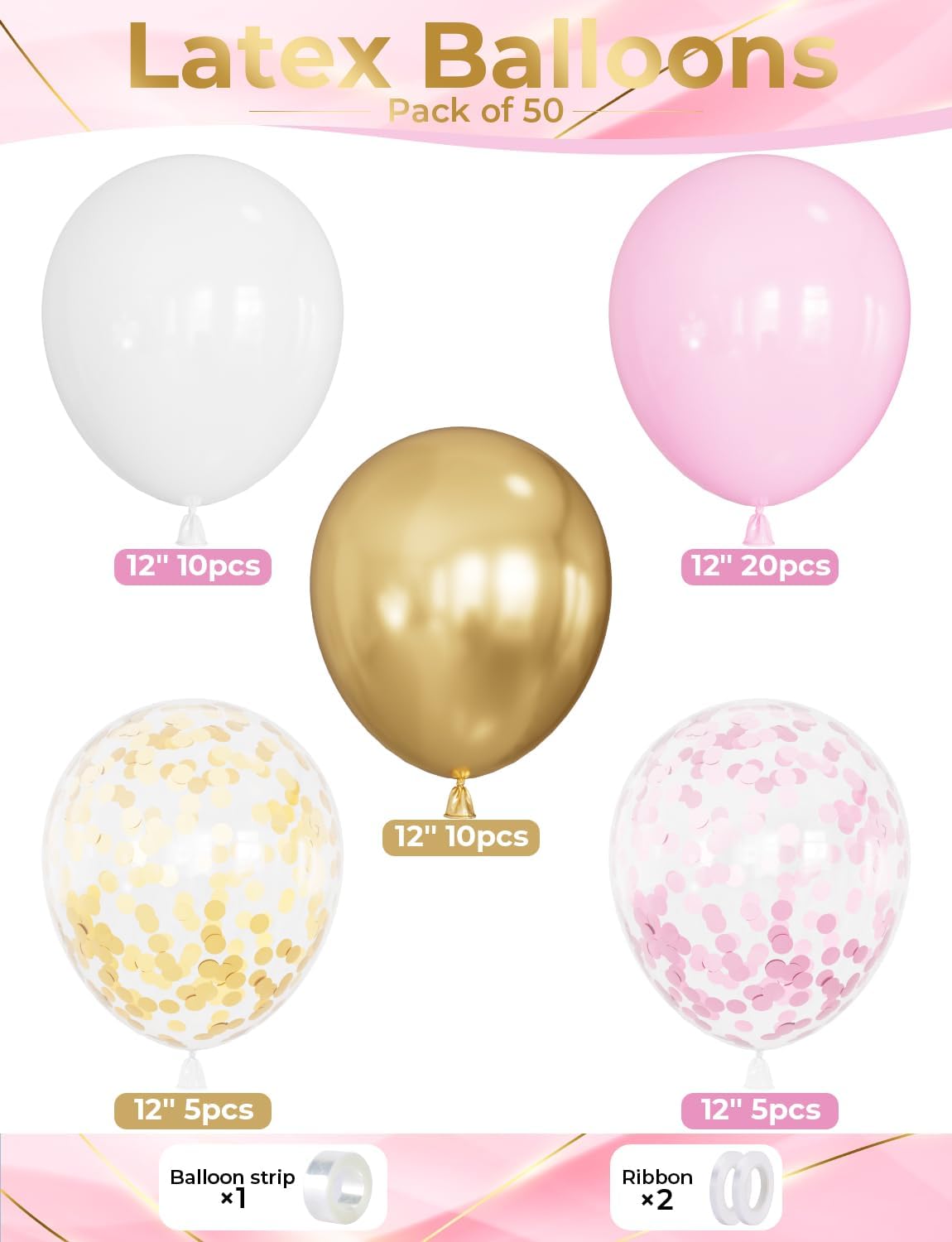 Skiennix Pink and Gold Balloons Set - 12 Inch Light Pink & White Metallic Gold Confetti for Parties