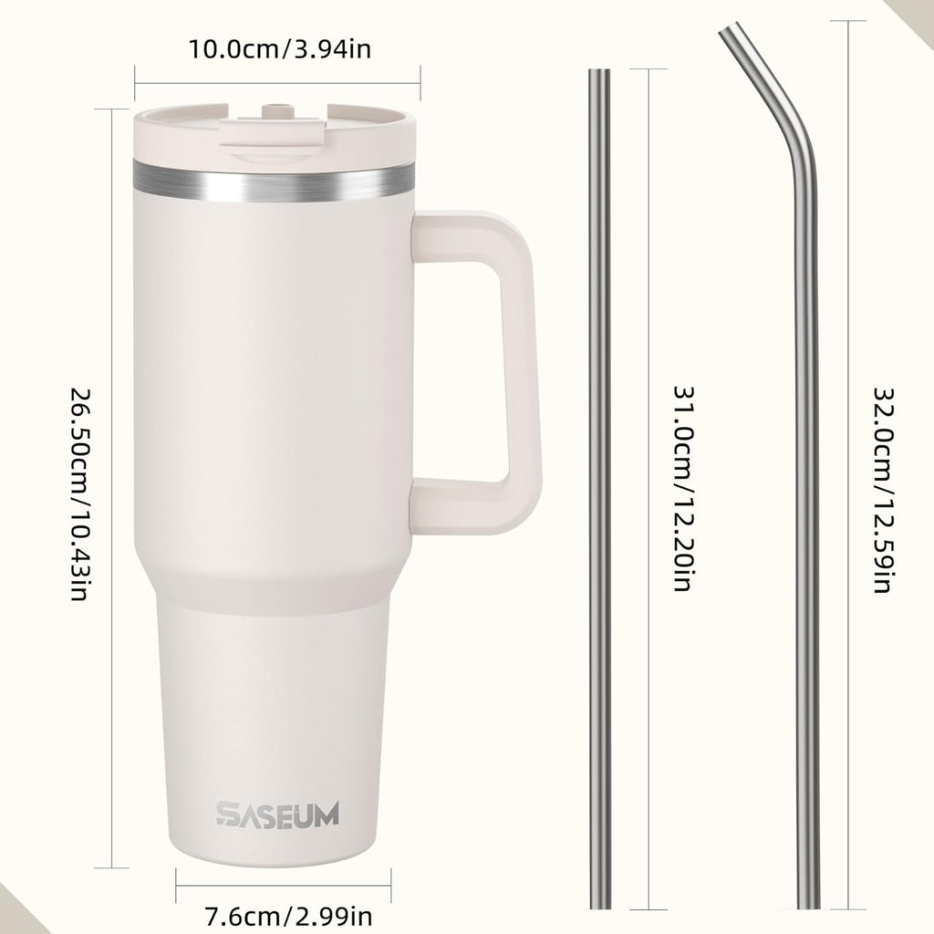 SASEUM 40 oz Insulated Tumbler - Double Wall Stainless Steel with Handle & Lid | BPA-Free, White