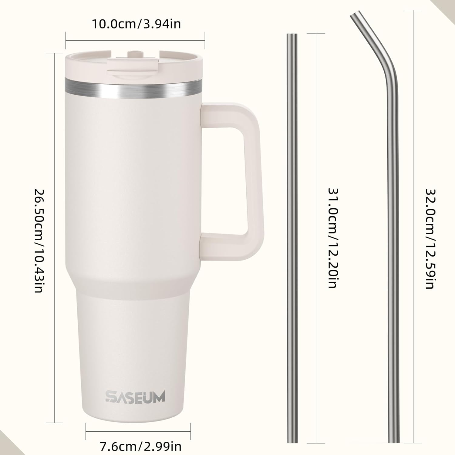 SASEUM 40 oz Insulated Tumbler - Double Wall Stainless Steel with Handle & Lid | BPA-Free, White