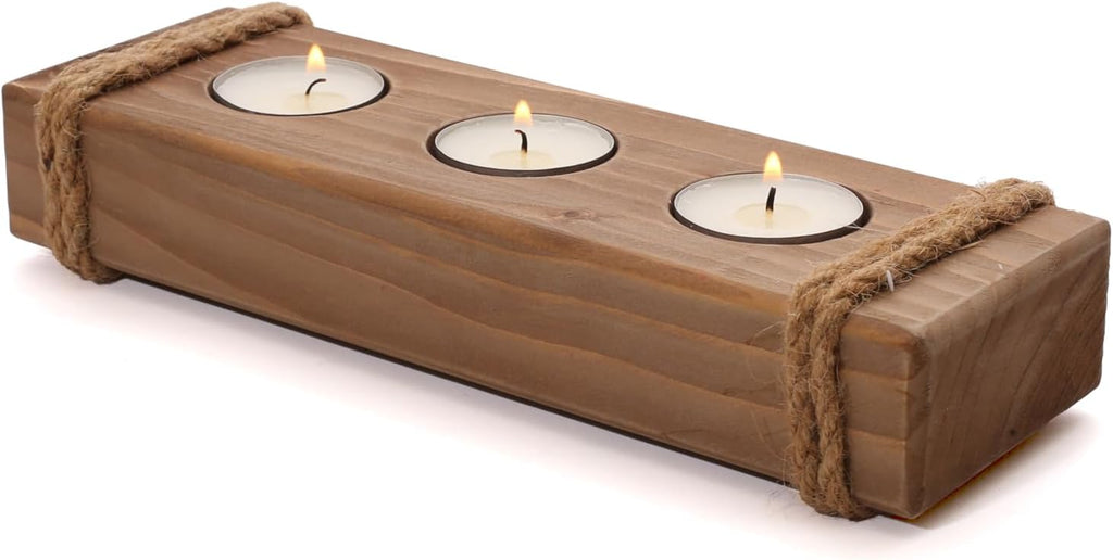 Skiennix Wooden Tealight Candle Holder - Rustic Farmhouse Decor - 3 Tea Light Tray in Brown