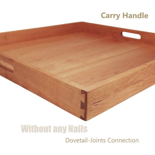 MAGIGO 22 x 22 Inches Large Square Cherry Wood Ottoman Tray with Handles, Serve Tea, Coffee or Breakfast in Bed, Classic Wooden Decorative Serving Tray