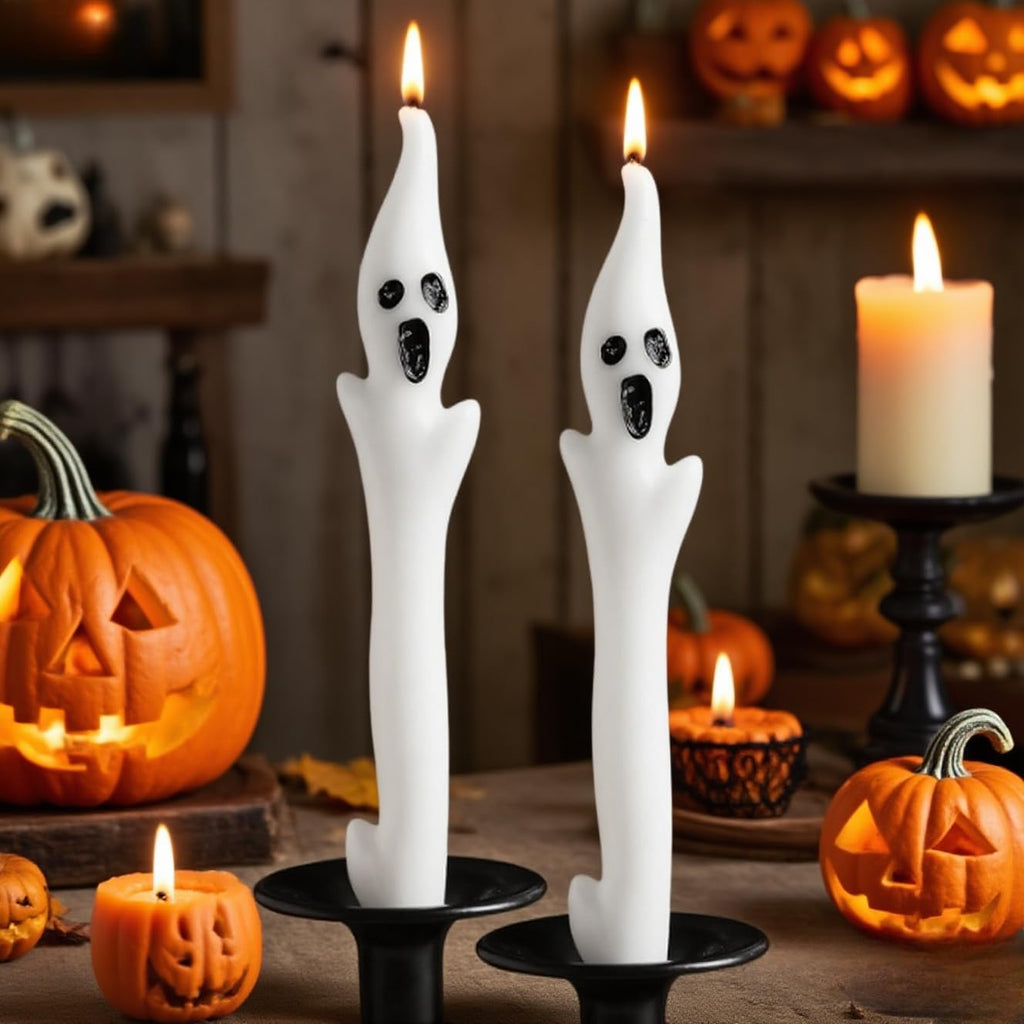 Skiennix Halloween Ghost Candles Set - Cute Spooky White Taper Candles for Haunted House Decor | 2PCS