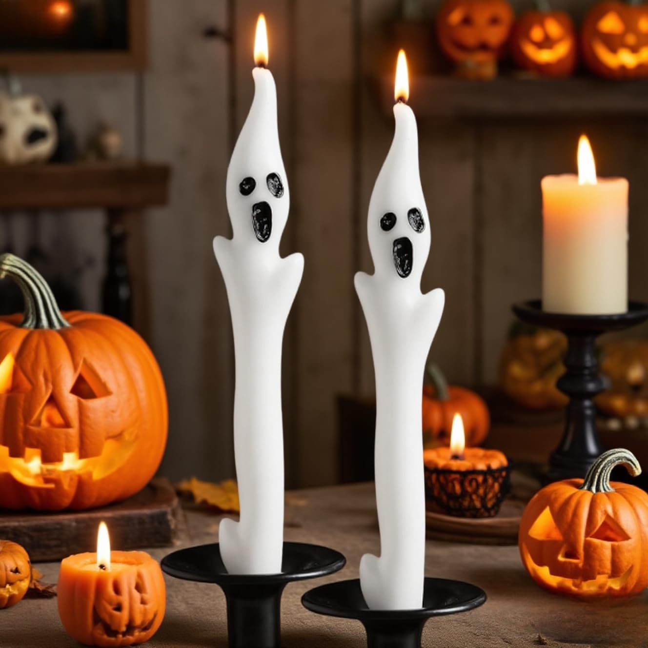 Skiennix Halloween Ghost Candles Set - Cute Spooky White Taper Candles for Haunted House Decor | 2PCS