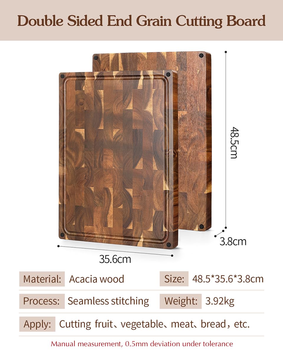 XINZUO Large Thick End Grain Acacia Wood Cutting Board- (19''L x 14''W x 1.5''T) Reversible Wooden Chopping Board with Non-Slip Feet, Built-in Handles and Juice Groove- Butcher Block Cutting Board