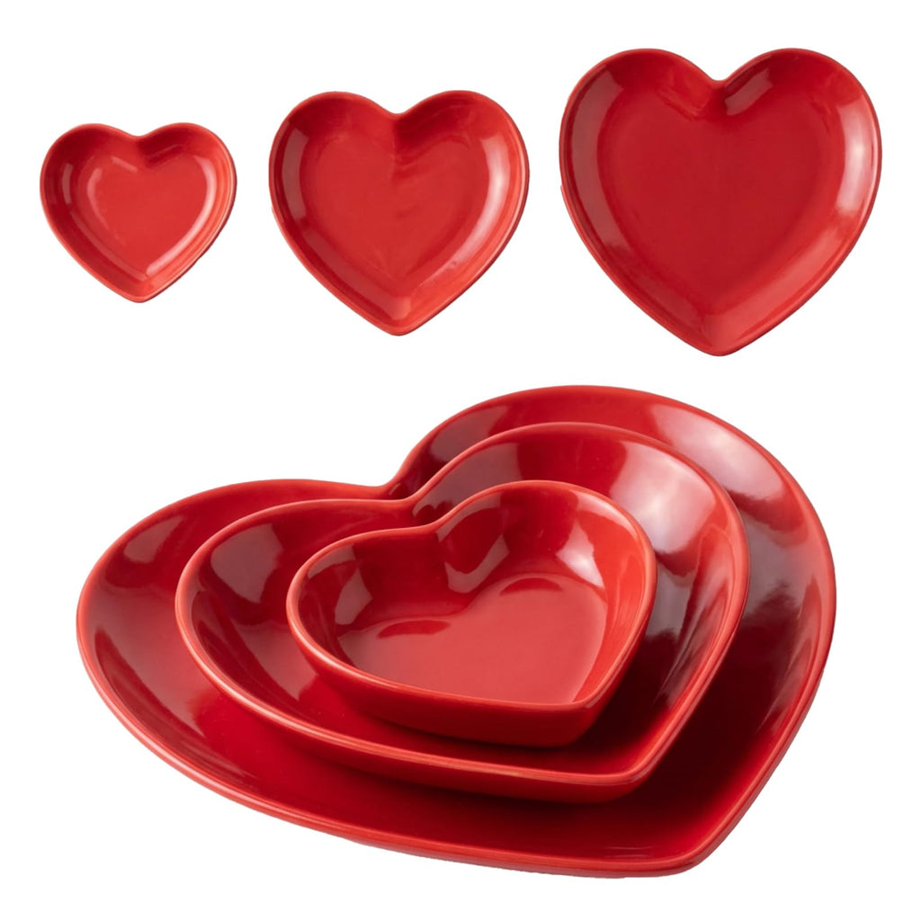 Suclain Valentines Day Red Heart Shaped Ceramic Plate Set of 3 Heart Dinner Dishes 3.15″ 4.92″ 7.09″ Platter for Dish Dessert Salad Bowl for Valentine‘S Day Party Supply Microwave Dishwasher Safe