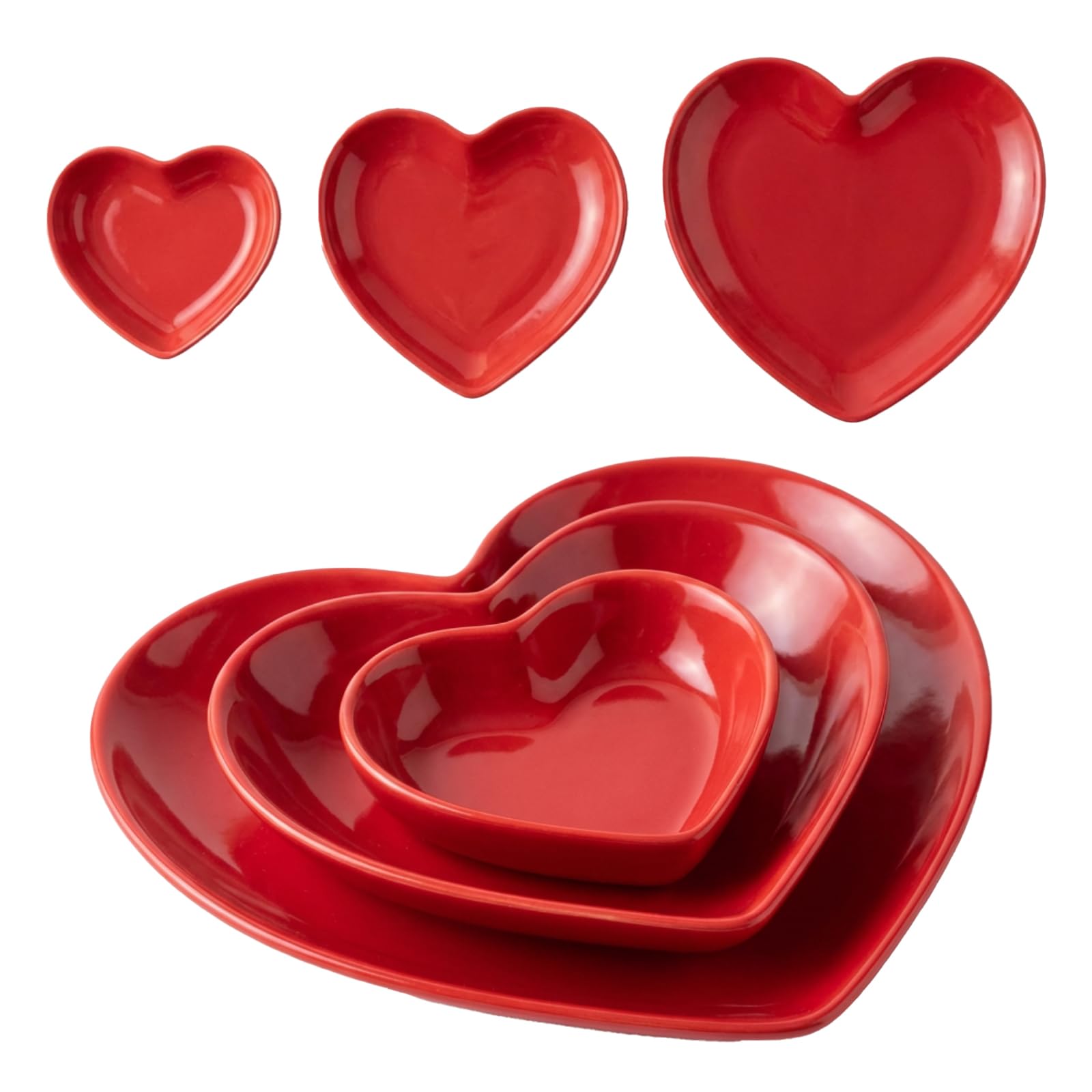Suclain Valentines Day Red Heart Shaped Ceramic Plate Set of 3 Heart Dinner Dishes 3.15″ 4.92″ 7.09″ Platter for Dish Dessert Salad Bowl for Valentine‘S Day Party Supply Microwave Dishwasher Safe