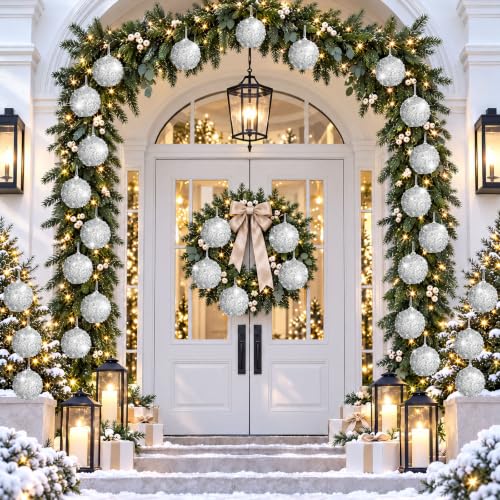 24 Pcs Silver Glitter Christmas Ball Ornaments - 2.36 Inch Holiday Decor
