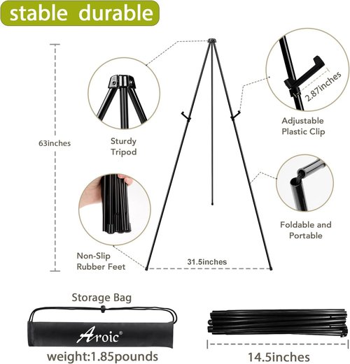 AROIC 63" Portable Metal Easel Stand - Adjustable Floor Easels for Signs & Art | 3 Pack with Storage Bags