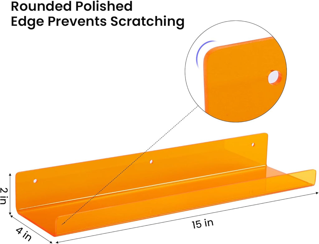 Upsimples Acrylic Wall Shelves - 15" Floating Display Shelf Set for Perfume & Books | Clear Orange, 4 Pack