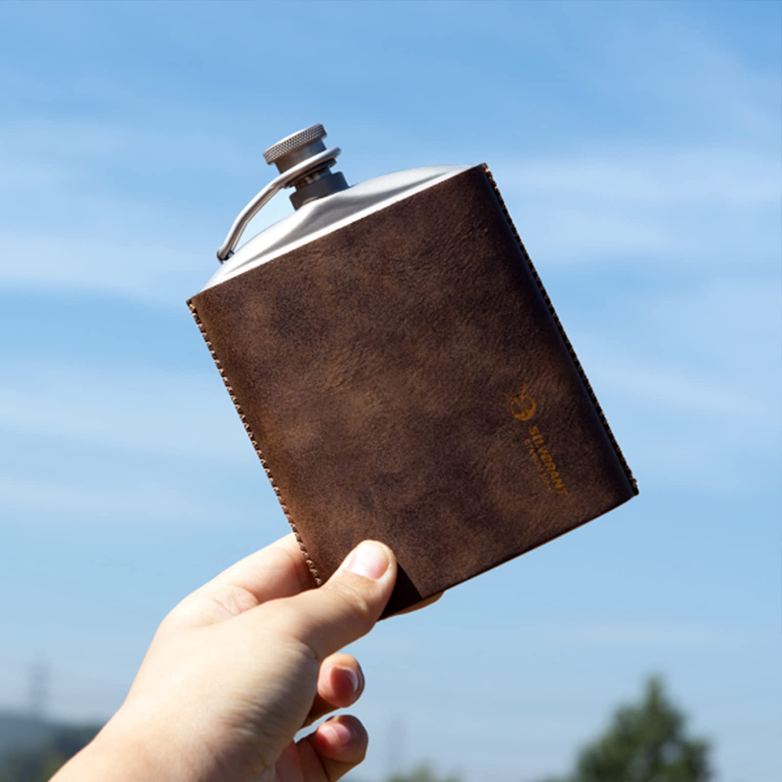 SILVERANT Titanium Ultralight 7.44oz/220ml Hip Flask Canteen, Lightweight Compact Outdoor Flask, Limited Edition With Leather Case & Funnel