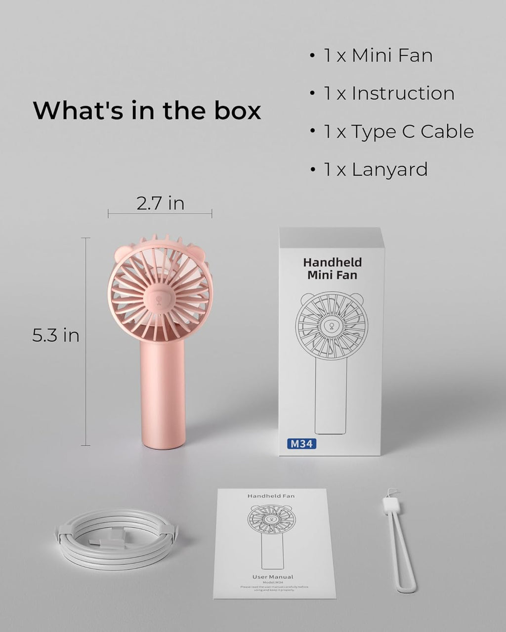 Skiennix Mini Portable Fan - Handheld 3-Speed USB-C Rechargeable Fan for Travel & Outdoor Use