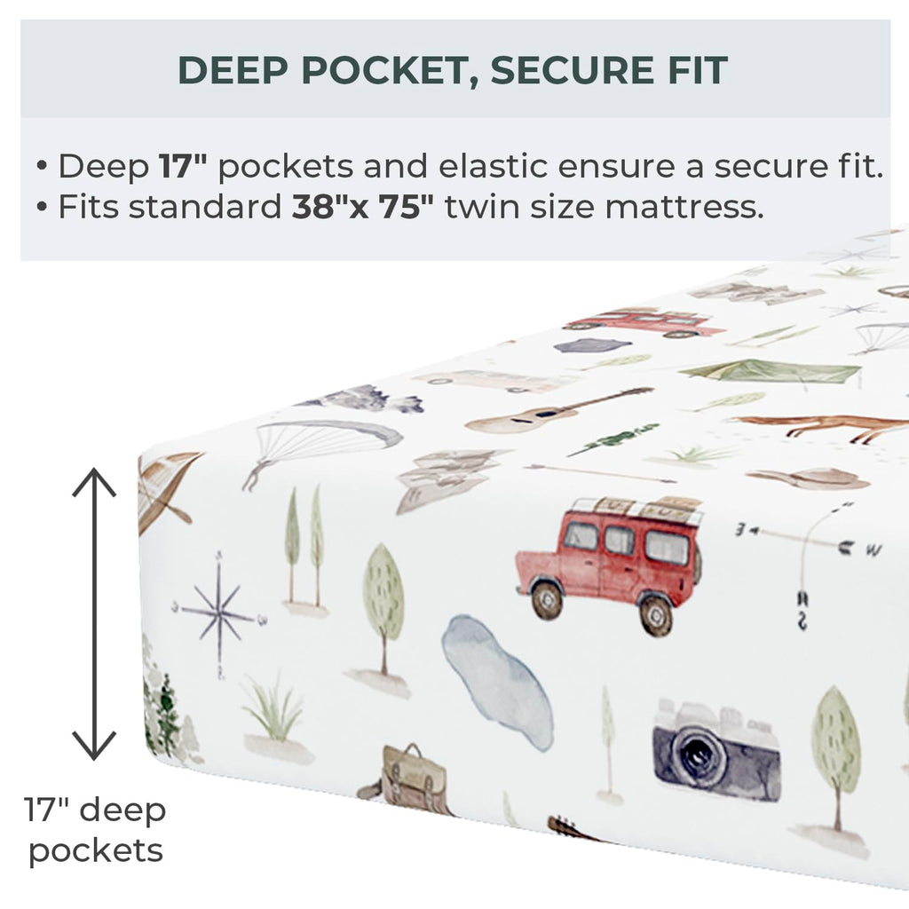 Pobibaby Premium Twin Full Sheets Sets, Kids Double Bed Sheets in Cotton Blend | Ultra-Soft Woodland Camping Print with Fitted Sheet, Flat Sheet & Pillowcases (Twin Explore)