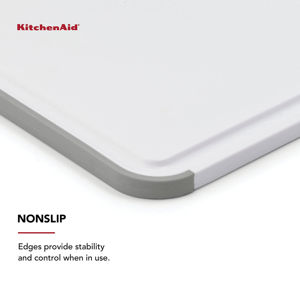 KitchenAid Classic Nonslip 2-Piece Plastic Cutting Board Set with Perimeter Trench and Non Slip Edges, 2-Piece Kitchen Chopping Boards, Dishwasher-Safe, White and Gray
