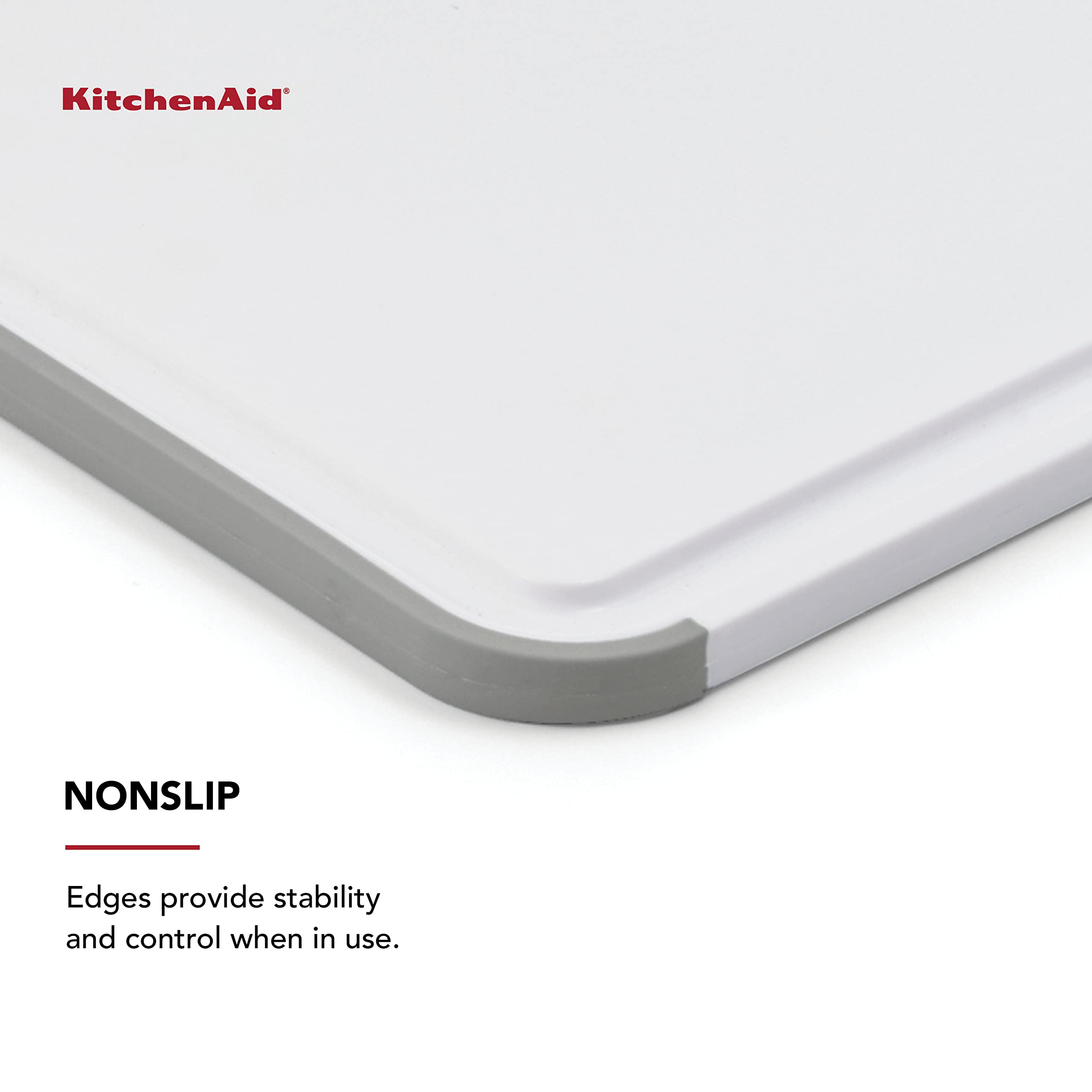 KitchenAid Classic Nonslip 2-Piece Plastic Cutting Board Set with Perimeter Trench and Non Slip Edges, 2-Piece Kitchen Chopping Boards, Dishwasher-Safe, White and Gray
