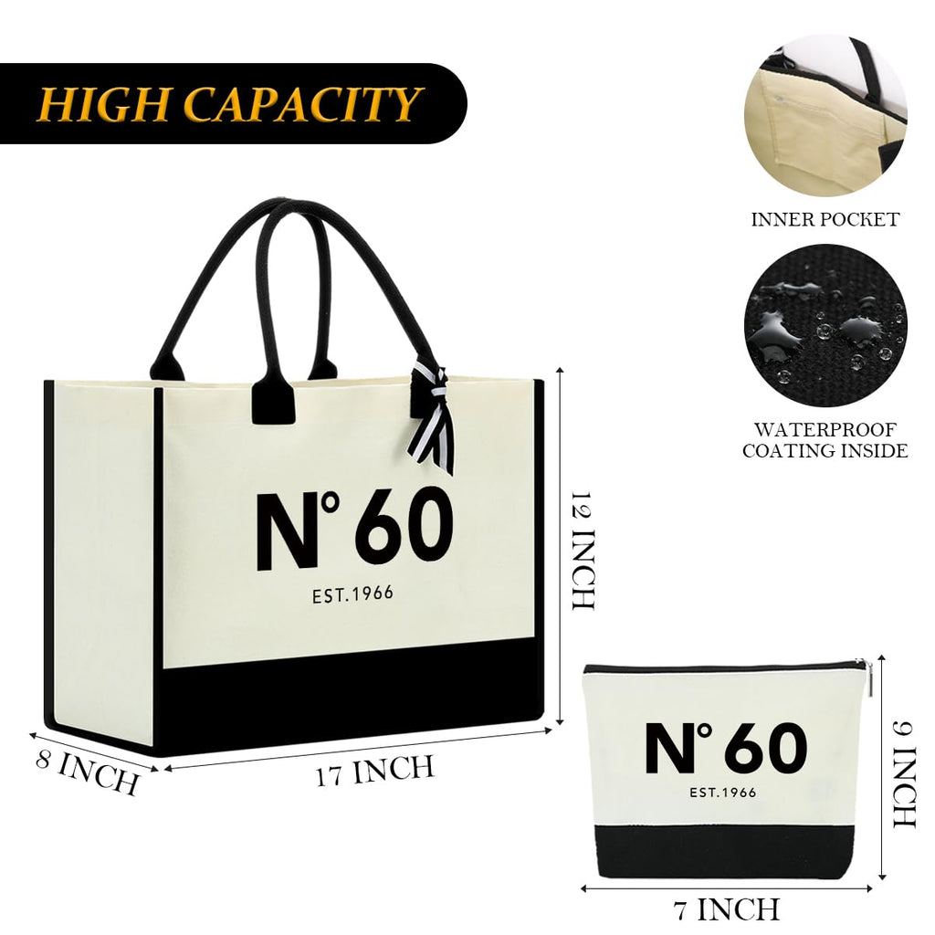 NGLIV 60th Birthday Gifts for Women,1966 Birthday Gifts for Women Travel Canvas Tote Bag and Makeup Bag, Unique 60 Years Old Birthdays Gift for Mom Wife Aunt Friends Her