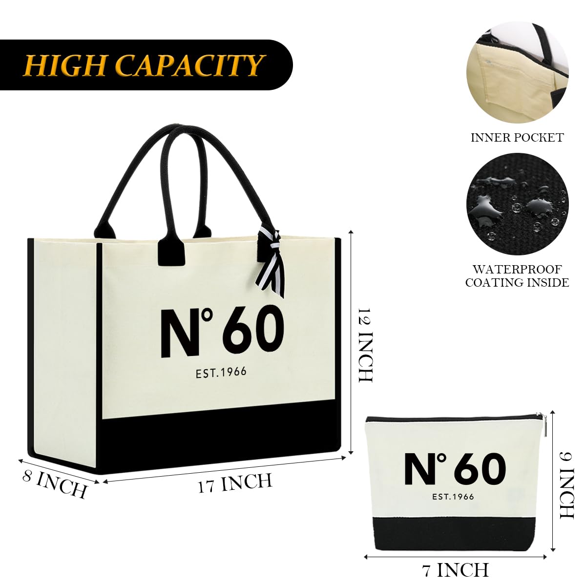 NGLIV 60th Birthday Gifts for Women,1966 Birthday Gifts for Women Travel Canvas Tote Bag and Makeup Bag, Unique 60 Years Old Birthdays Gift for Mom Wife Aunt Friends Her