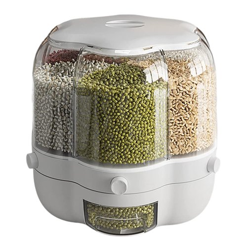 Enfudid Food Grain Storage Container Large Capacity 6-Grid Rice Dispenser, Rotatable Sealed Grain Food Storage Box Rice Bucket Dry Food Fruit Box Kitchen Storage Bucket for Home Kitchen- White 14.3LB