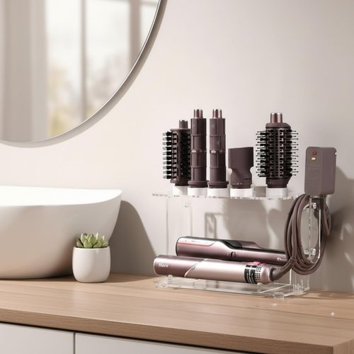 Dyson Airwrap Holder, Dyson Airwrap Wall Mount Clear Acrylic Organizer, Shark Hair Dryer Holder Stand with 8 Slots Cord Hook, Heat-Resistant Storage for Bathroom/Vanity UEMUSI